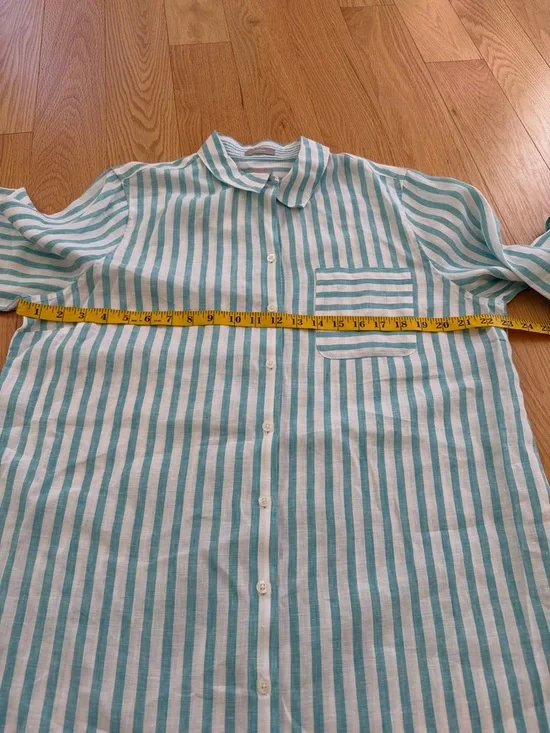 New! Chico's women’s Sz 3/XL shirtail tunic Striped 3/4 sleeve aqua linen shirt. - Picture 7 of 8
